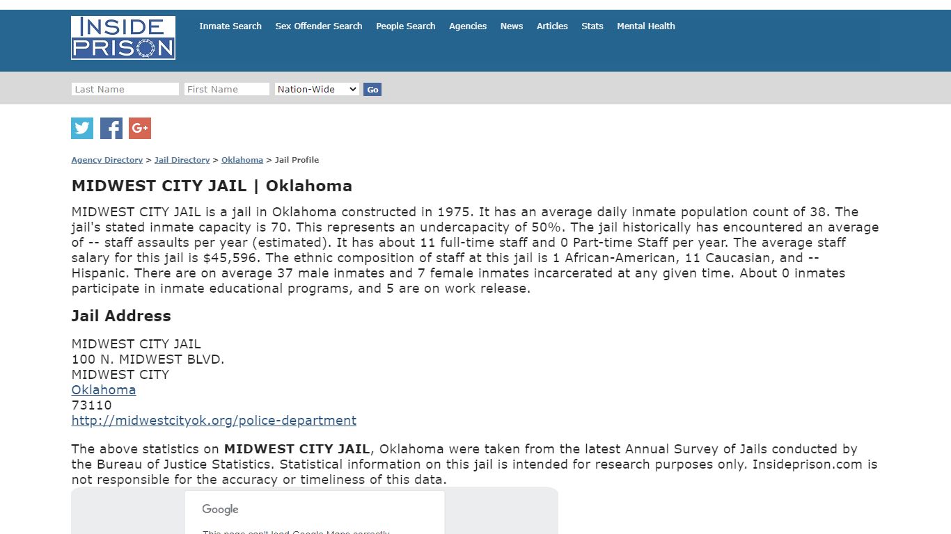 MIDWEST CITY JAIL, Oklahoma | Facility Profile and Statistics | Ethnic ...
